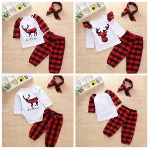 Neonata Completi di vestiti Plaid Baby Boy Top Pantaloni Fascia 3PCS Abiti Cotton Deer Bambini Abiti Natale Abbigliamento per bambini 3 Disegni YW484