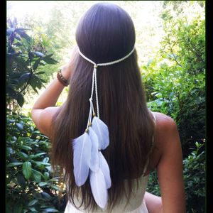 Romani White Feather Headbands Bohemian Brides Hair Rope Bead Longe Woven Pretty Immaculate