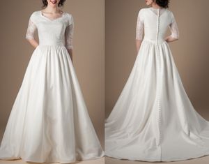Vintage Koronki Długie Skromne Suknie Ślubne Z Sheer Half Sleeves Lace Top Satin Spódnica LDS Temple Suknie ślubne z kieszeniami Wykonane