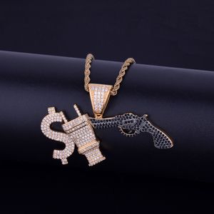 Mäns Hip Hop Smycken Bling Cubic Zircon Halsband Hängsmycke med Dollar Cup Gun Tre Färg för Present Freeshipping