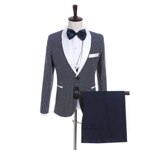 Vendita calda blu navy punto bianco smoking dello sposo One Button Side Vent Groomsmen Blazer Eccellente uomo Business Prom Suit (giacca + pantaloni + cravatta + gilet)