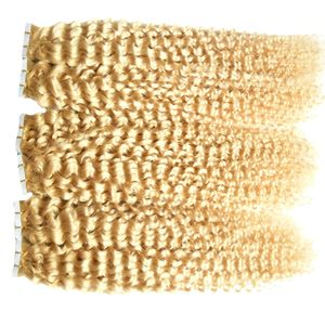 #613 Bleach Blonde Tape In Human Hair Extensions 10"-26" 400g 160pcs Brazilian kinky curly Hair On Invisible Tape PU Skin Weft