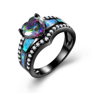 Charm Mehrfarbiger Herz-Zirkon-Ring mit blauem/lila/grünem bunten Stein für Damen, Vintage-Ring mit schwarzem Gold-Opal und schwarzem Gun-Opal-Geburtssteinring