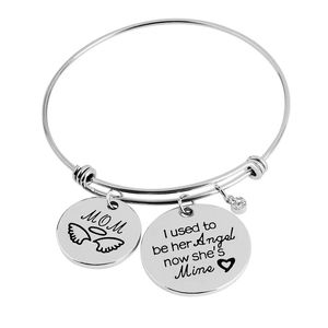 Memorial Bracelet I Used To Be His Angel Now He's Mine Dad Angel Wing Hand Stamped Mom Bangle for Memorial Gift Sympathy Gift