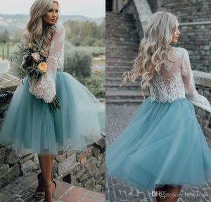 Short Homecoming Prom Dresses 2017 Cheap White and Mint Lace Short Two Piece Long Sleeve Illusion Boho Graduation Trendy Evening Gowns