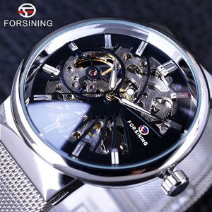Forsining 2021 Fashion Casual Neutral Design Silver Steel Transparent Case Skeleton Watch Mens Watch Top Brand Luxury Mechanical+watch Box