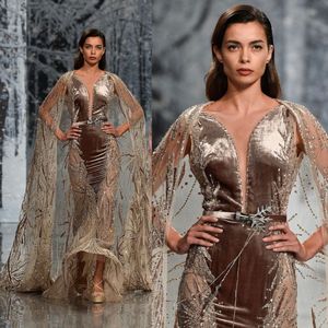 Ziad Nakad 2020 Evening Dresses Luxury Mermaid Prom Wear Beaded Sequins Crystal Sexig Deep V-Neck Velvet Ärmlös Party Gowns Formell Klänning
