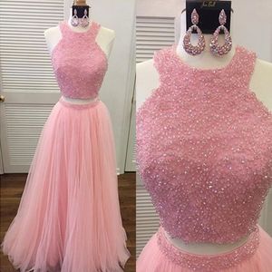 Modest Two Pieces Pink Halter Cheap Prom Dresses Tulle A line Pearls Beaded Crystal Bodice Pleated Real Photo Evening Formal Party dress