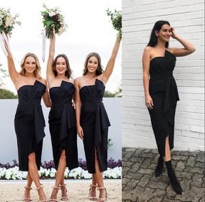 Çay Boyu Siyah Kısa Gelinlik Modelleri Seksi Straplez Kılıf Ön Bölünmüş Hizmetçi Onun Abiye Ucuz Düğün Parti Misafir Giyim