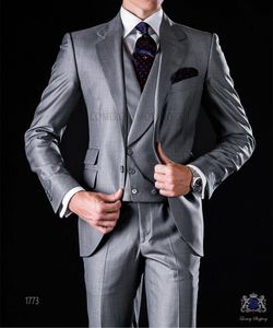 Fashion Grey Men 3 Piece Suit Bröllop Tuxedos Handsome Groom Tuxedos Notch Lapel One Button Slim Fit Men Blazer (Jacka + Byxor + Tie + Vest) 463