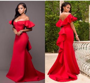 Fashion Red Mermaid Evening Dresses Sexy Off Shoulder Backless Prom Dress Simple Ruffled Arabic Special Occasion