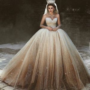 Luxury Sequined Tulle Bröllopsklänningar Sheer Jewel Neck Långärmad Bröllopsklänning Sparkly Fluffy Corset Ball Gown Dubai Bröllopsklänning