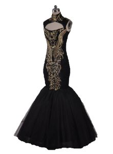 Black Gold Stickerei Meerjungfrau Formale Abendkleider Appliques Spitze Tarnung Bodenlangen Prom Party Celebrity Gowns QC1227