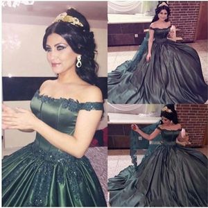 2018 Quinceanera Ball Gown Dresses Arabic Off Shoulder Hunter Green Lace Applique Beads Sweet 16 Long Satin Formal Party Prom Evening Gowns
