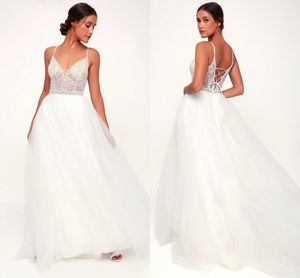 2022 Abito da sposa bianco sexy con scollo a V in rilievo con strass Allacciatura a-line in tulle Abito maxi da spiaggia Boho Abiti da sposa formali Corte dei treni