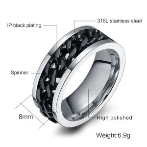 10pcs Fashion Men S Ring The Punk Rock Accessories Stainless Steel Black Chain Spinner Rings For Men Accessory 3 Color Usa Size 6 -15