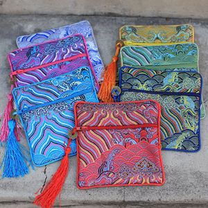 Tassel Seawater Small Zipper Women Coin Purse Christmas Party Favor Bags Chinese Silk Brocade Jewelry Pouch Gift Packaging Bags 50pcs/lot