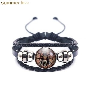 Fashion Handmade Multi Layer Braided Bracelets Lovely Bees Art Picture Glass Cabochon Black Leather Wrap Braided Bracelet For Men Women Jewe