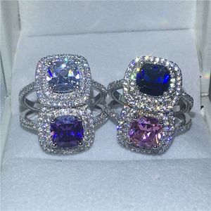 4 Colors Gems Anniversary wedding band ring for women cushion cut 3ct 5A zircon crystal 925 Sterling silver Bijoux