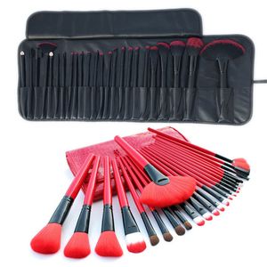 24 datorer Makeupborstar Set med läderväska kit röd svart färg professionell kosmetisk fodral läpp ögonskugga foundation smink penselverktyg