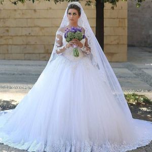 Said Mhamad Nuovi abiti da sposa in pizzo Maniche lunghe Illusion Sheer Neck Perline Tiered Tulle Corte dei treni Abiti da sposa Abito da sposa