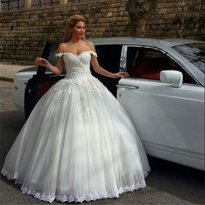 Elegant off the shoulder Wedding Dress Cheap ball Gowns Short Sleeves Applique Lace Tulle Ruched Corset Country Designer New Bridal Gowns