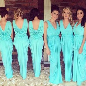 Cheap Bridesmaid Dresses V Neck Wedding Guest Wear Teal Turquoise Sky Blue Chiffon Open Back Floor Length Ruched Maid of Honor Gowns