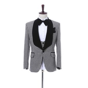 Utmärkt brudgum Tuxedos Houndstooth Groomsmen Mens Bröllopsklänning Svart Lapel Man Jacka Blazer Business Suit (Jacka + Byxor + Vest + Tie) 1678