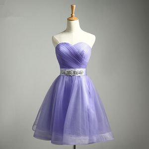 2018 Più nuovo Stock Dress Sexy Purple Sweetheart Crystal Sashes A-Line Abito da ritorno a casa con pieghe Organza Laurea Prom Party Gown BH23