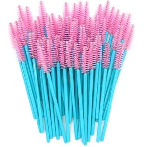 Nuovo arrivato 500 pezzi Manico blu Spazzole rosa Mascara usa e getta in nylon di alta qualità Bacchette Ciglia Pennelli trucco Estensione ciglia