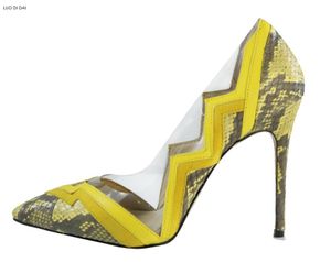 2018 New women yellow high heels thin heel snakeskin print pumps party shoes slip on PVC pumps dress shoes wedding shoes