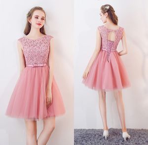 2019 Pink Tulle A Line Knee Length Homecoming Dresses Lace Applique Top Bow Sash Short Prom Party Cocktail Dresses With Lace Up Back CPS1125