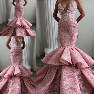 Dusty Pink Lace Prom Klänningar Sexig Sweetheart Mermaid Evening Gowns Ruffles Tiers Kvinnor Formell Party Dress Vestidos Anpassad