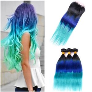 Virgin Peruvian 1B Blue Teal Ombre Hair Weave Bundles with 4x4 Lace Closure Body Wave Blue Teal Three Tone Ombre Human Hair Extensions