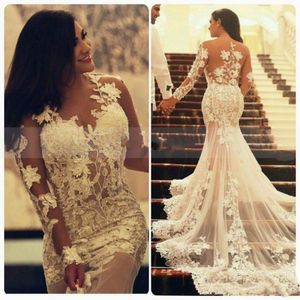 Arabic Mermaid Lace Wedding Dresses with Long Transparent Sleeves Crew Neck Applique Vintage Informal Wedding Party Dress Free Shipping