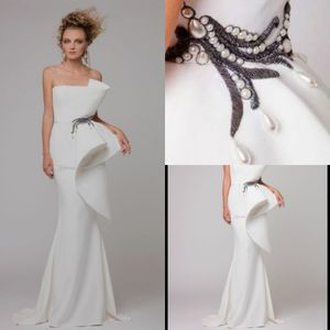 White Mermaid Unique Evening Dresses Strapless Pearls Cheap South African Satin Plus Size Prom Gowns Formal Party Dress