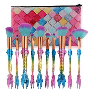 SıCAK 10 adet / takım Makyaj Fırçalar Set Kozmetik için göz farı Toz Allık Karıştırma Mermaid Fırça Kiti ile çanta