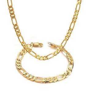 Jewelry Set Figaro Chain Necklace Bracelet Solid Statement 18K Yellow Gold Filled Massive Womens Mens Classic Fashion Gift