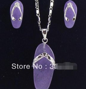 New Listed !Free Shipping slippers-shaped Purple Jades Earring Pendant Chain Jewelry Set