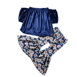 2018 nova roupa da criança crianças roupas de bebê meninas roupas de veludo fora do ombro tops de girassol impresso calças soltas 2 pcs meninas roupas conjunto