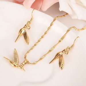 14K Solid Yellow Gold Filled Dainty Hummingbird Tobago Animal Pendant earrings -Bird Dia Cut Necklace Charm
