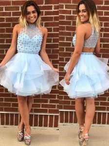 2018 Bling Crystal Homecoming Prom Klänningar Billiga Kort Hög Neck Organza Sequin Beaded Hollow Back Party Graduation Dress Light Sky Blue