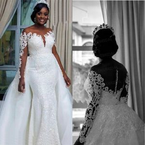 Plus African Size Dresses Jewel Neck Lace Appliques Sweep Train Detachable Skirt Mermaid Wedding Dress Long Sleeve Bridal Gowns