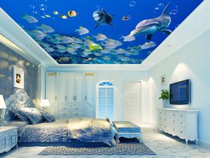 Custom Marine fish dolphins 3d Ceiling Wallpaper for Wall Living Room 3D Ceiling Murals European Wall paper photo wall mural