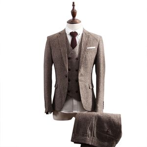 Шерсть Slim Fit Groom Смокинги Свадебные костюмы Елочка Твид Groomsmen Лучшие мужские выпускные костюмы (куртка + брюки + жилет) на заказ плюс размер