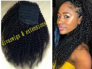 African american clip in 3c Afro puff Kinky Curly drawstring ponytails human hair extension pony tail hair piece jet black 160g free ship