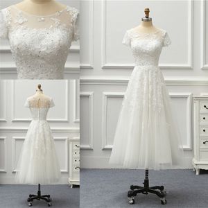 Elegancka Długość Herbaty Suknie Ślubne Tanie Klejnot Sheer Szyi z krótkimi rękawami Linia Tulle Aplikacja Hollow Back Wedding Suknie ślubne Tanie