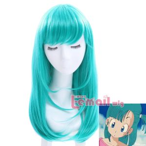 Women Bulma Medium Long Straight Anime Teal Green Party Hair Wigs Cosplay Wig