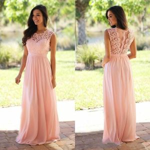 Blush Pink Jewel Szyfonowy A-Line Druhna Bohemian Maid Of Honor Plus Size Długie ślubne sukienki gości