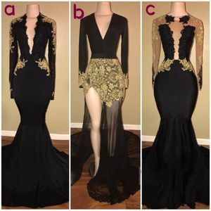 2020 New Black Prom vestidos pretos e ouro manga comprida Formal Party Dress Mermaid Evening vestidos Real Fotos vestidos de novia